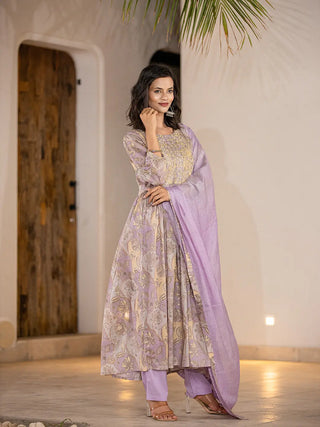 Purple Organic Cotton Floral Print & Embroidered Kurta with Mal Mal Cotton Bottom & Voile Dupatta