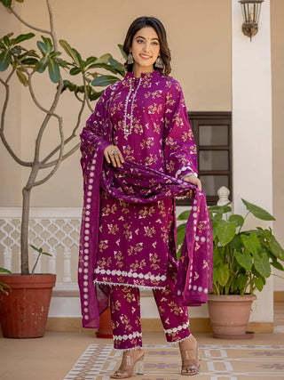 Purple Cotton Floral Print Straight Shape Pakistani Style Suit Set with Voile Dupatta