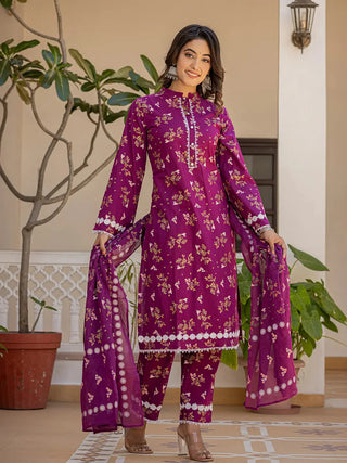 Purple Cotton Floral Print Straight Shape Pakistani Style Suit Set with Voile Dupatta