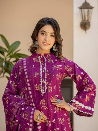 Purple Cotton Floral Print Straight Shape Pakistani Style Suit Set with Voile Dupatta