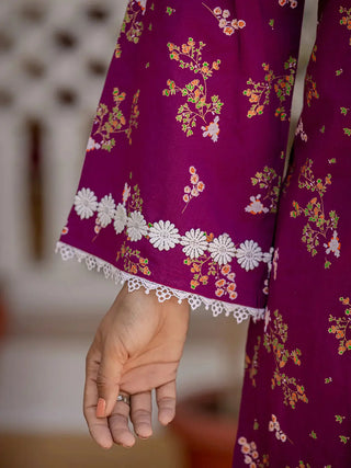 Purple Cotton Floral Print Straight Shape Pakistani Style Suit Set with Voile Dupatta