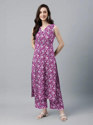 Purple Cotton Floral Print Kurta Bottom Set