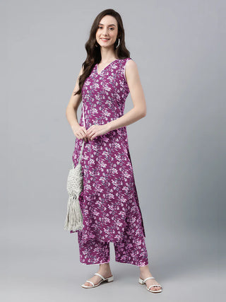 Purple Cotton Floral Print Kurta Bottom Set