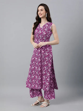Purple Cotton Floral Print Kurta Bottom Set