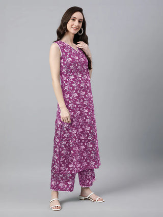 Purple Cotton Floral Print Kurta Bottom Set