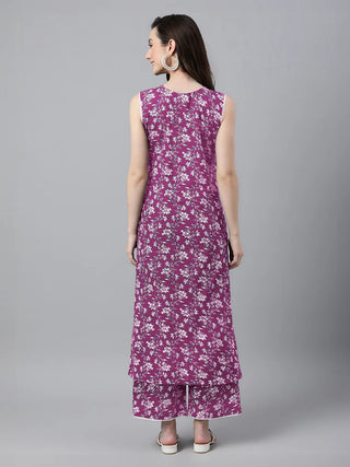 Purple Cotton Floral Print Kurta Bottom Set