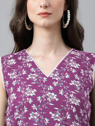 Purple Cotton Floral Print Kurta Bottom Set