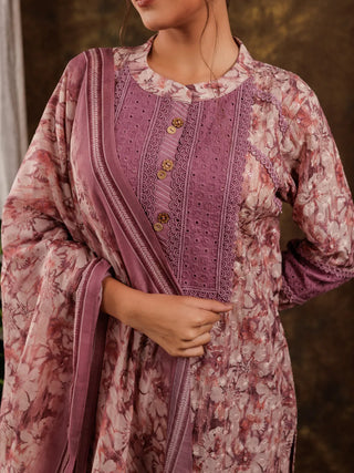 Purple Cotton Floral Print & Lace Work Suit Set with Voile Dupatta