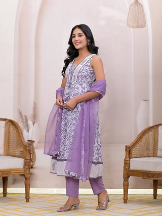 Purple & White Cotton Floral Print & Embroidered Anarkali Suit Set with Poly Chiffon Dupatta