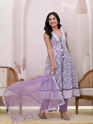 Purple & White Cotton Floral Print & Embroidered Anarkali Suit Set with Poly Chiffon Dupatta