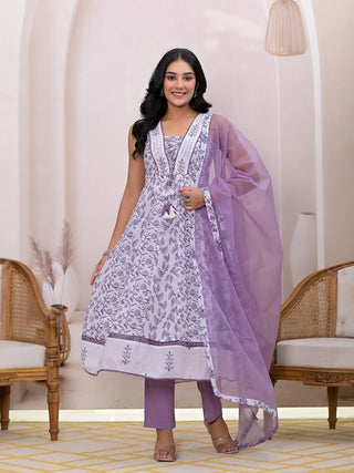 Purple & White Cotton Floral Print & Embroidered Anarkali Suit Set with Poly Chiffon Dupatta