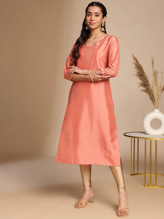 Solid Peach Crepe Silk Straight Shape Kurta