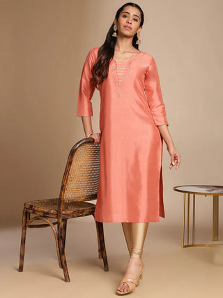 Solid Peach Crepe Silk Straight Shape Kurta