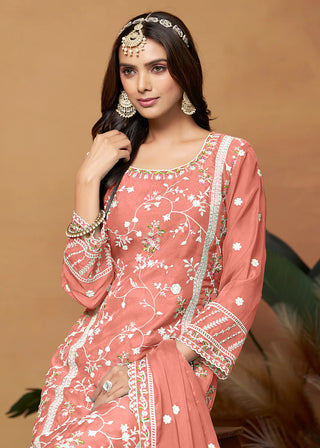 Peach Organza Embroidered Suit Set with Dupatta