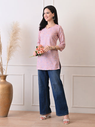 Peach Rayon Printed Short Kurta