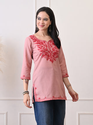 Peach Rayon Printed Short Kurta