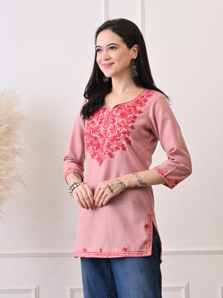 Peach Rayon Printed Short Kurta