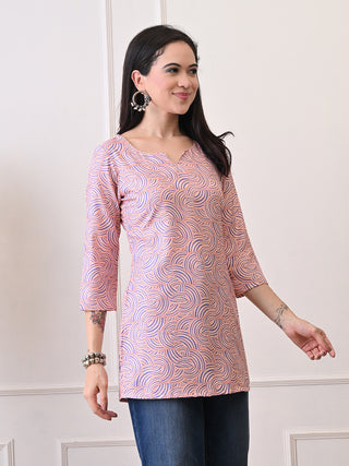 Peach Rayon Printed Short Kurta