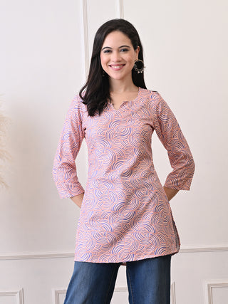 Peach Rayon Printed Short Kurta