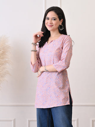 Peach Rayon Printed Short Kurta