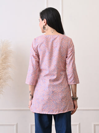 Peach Rayon Printed Short Kurta