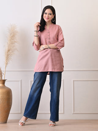 Peach Solid Cotton Blend Short Kurta