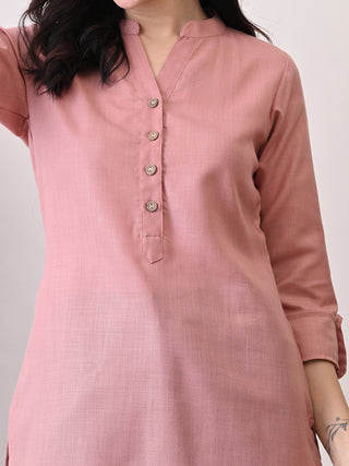 Peach Solid Cotton Blend Short Kurta