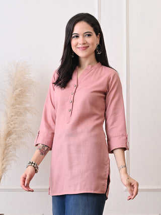 Peach Solid Cotton Blend Short Kurta