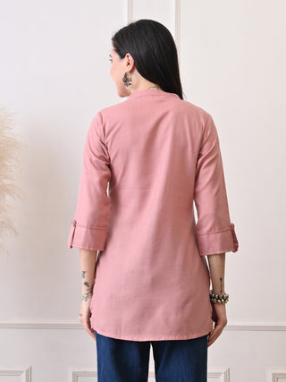Peach Solid Cotton Blend Short Kurta
