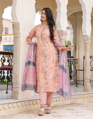 Peach Modal Silk Floral Print & Zari Embroidered Suit Set with Dupatta