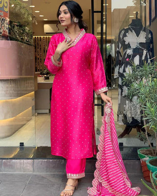 Pink Chanderi Embroidered Straight Shape Suit Set with Muslin Dupatta