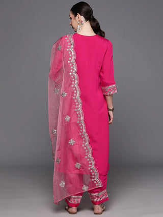 Pink Poly Silk Embroidered Suit Set with Organza Dupatta