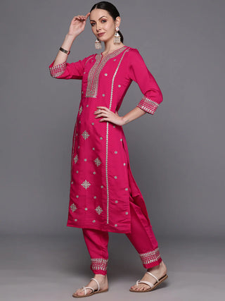 Pink Poly Silk Embroidered Suit Set with Organza Dupatta