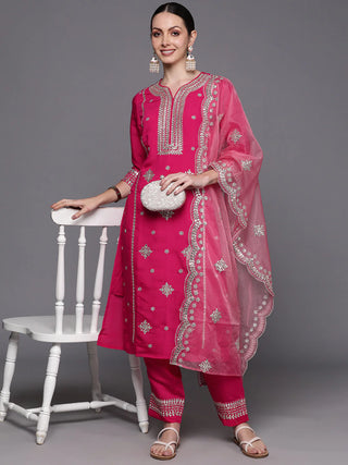 Pink Poly Silk Embroidered Suit Set with Organza Dupatta