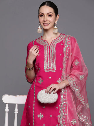 Pink Poly Silk Embroidered Suit Set with Organza Dupatta