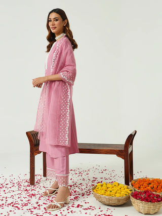 Pink Solid Silk Blend Straight Cut Suit Set with Embroidered Organza Dupatta