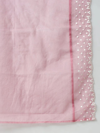 Pink Solid Silk Blend Straight Cut Suit Set with Embroidered Organza Dupatta