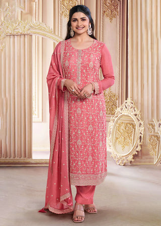 Pink Chinon Silk Embroidered Suit Set with Dupatta