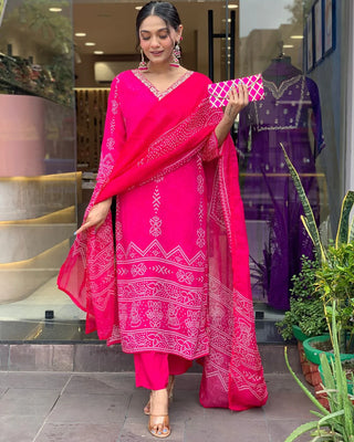 Pink French Crepe Print & Embroidered Suit Set with Chinon Dupatta