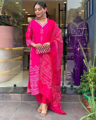 Pink French Crepe Print & Embroidered Suit Set with Chinon Dupatta