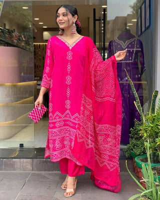 Pink French Crepe Print & Embroidered Suit Set with Chinon Dupatta