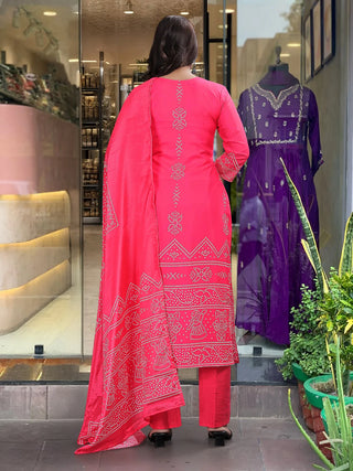 Pink French Crepe Print & Embroidered Suit Set with Chinon Dupatta