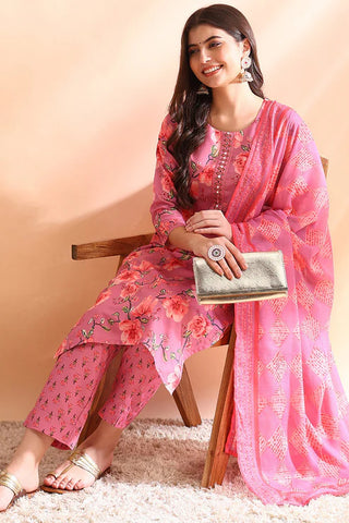 Pink Poly Rayon Floral Print Straight Shape Suit Set with Dupatta