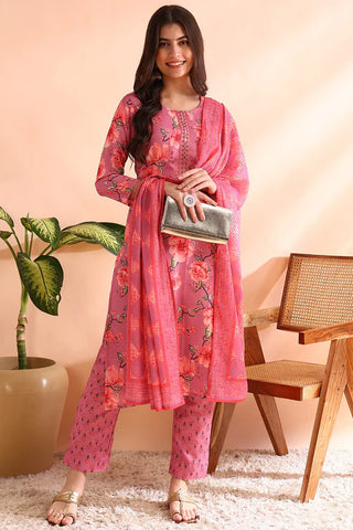 Pink Poly Rayon Floral Print Straight Shape Suit Set with Dupatta