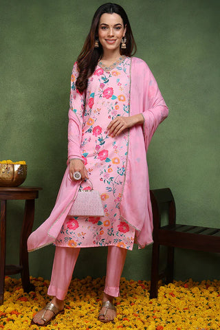 Pink Cotton Blend Floral Print Suit Set with Dupatta