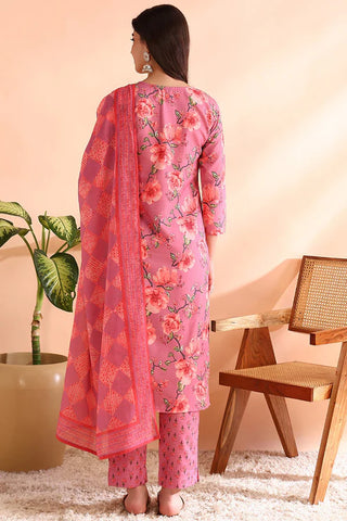 Pink Poly Rayon Floral Print Straight Shape Suit Set with Dupatta