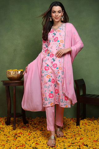 Pink Cotton Blend Floral Print Suit Set with Dupatta