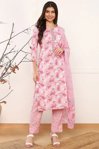 Pink Poly Rayon Floral Print Straight Shape Suit Set with Dupatta