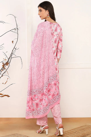 Pink Poly Rayon Floral Print Straight Shape Suit Set with Dupatta