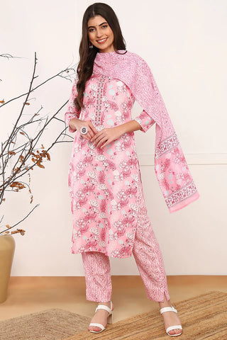 Pink Poly Rayon Floral Print Straight Shape Suit Set with Dupatta